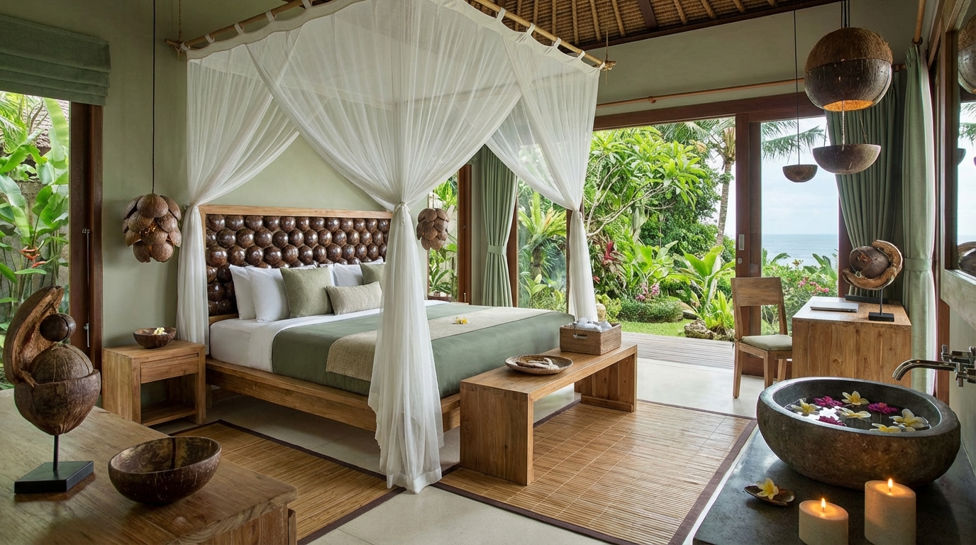 découvrez notre collection d'objets en noix de coco pour une déco chambre tropicale authentique, créant une ambiance zen et naturelle.