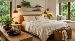 apportez une touche zen et naturelle à votre chambre avec notre déco tropicale utilisant des objets en noix de coco, pour une ambiance chaleureuse et relaxante.