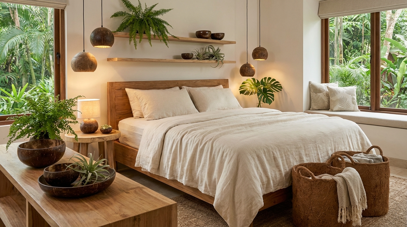 apportez une touche zen et naturelle à votre chambre avec notre déco tropicale utilisant des objets en noix de coco, pour une ambiance chaleureuse et relaxante.