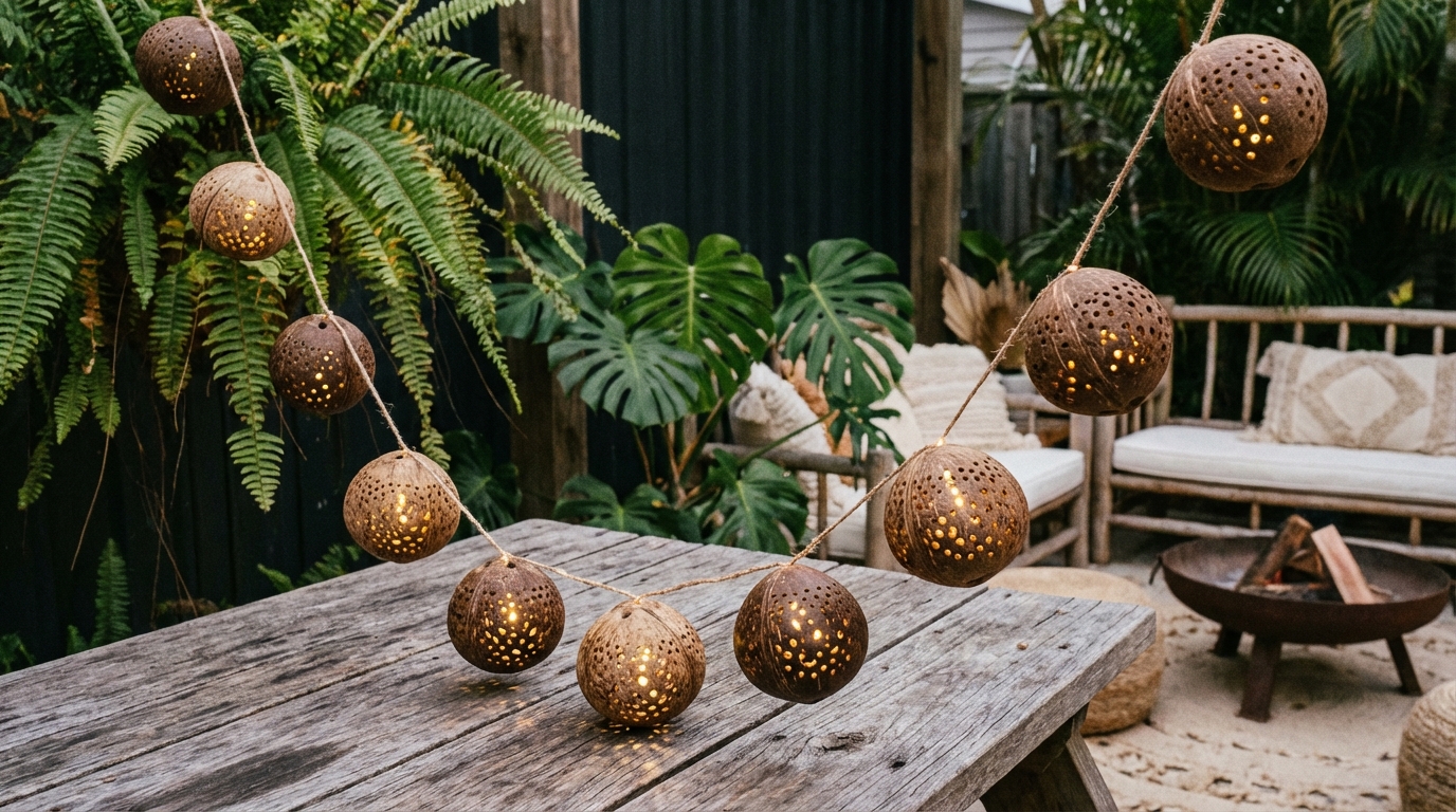 apportez une touche bohème et naturelle à votre intérieur avec notre guirlande lumineuse en coques de coco, un éclairage fait maison chaleureux et éco-responsable.