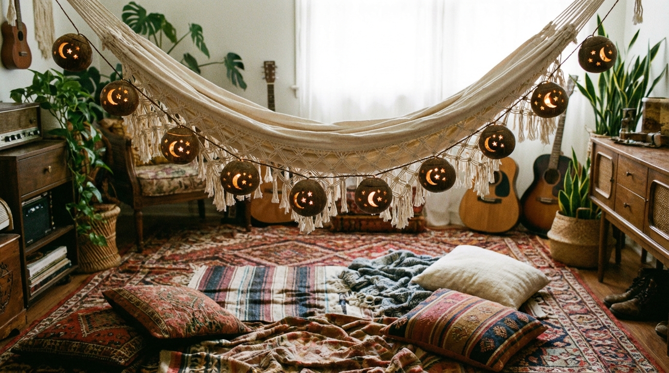 apportez une touche bohème et naturelle à votre décoration avec cette guirlande lumineuse artisanale en coques de coco, parfaite pour créer une ambiance chaleureuse et originale chez vous.