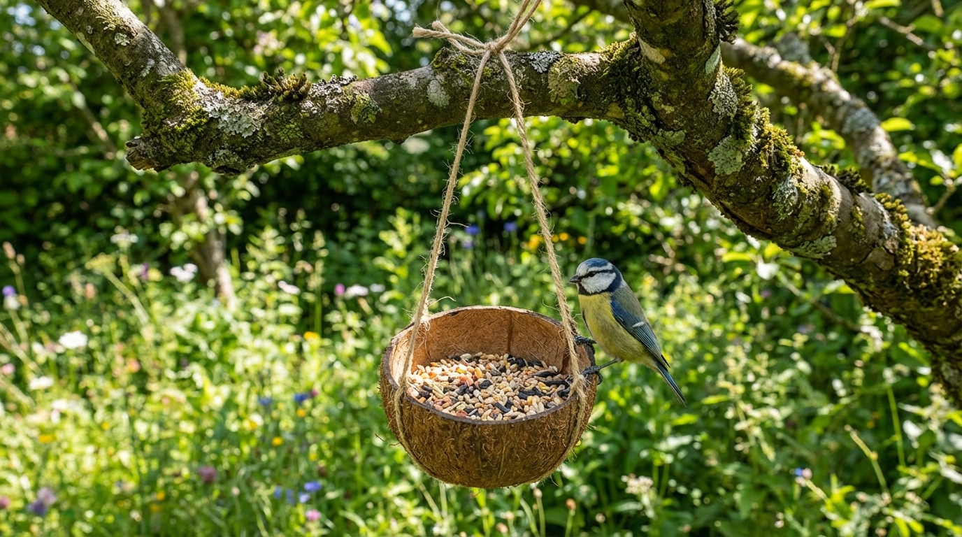 découvrez comment créer facilement une mangeoire pour oiseaux écologique en noix de coco, un diy idéal pour embellir votre jardin tout en aidant la faune locale.