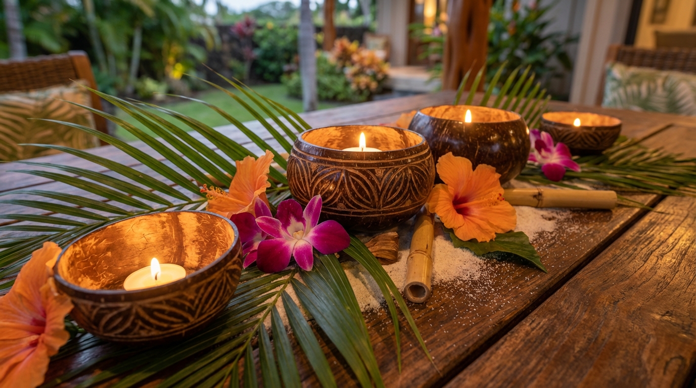 découvrez nos porte-bougies en noix de coco, parfaits pour un centre de table exotique et original. apportez une touche naturelle et chaleureuse à votre décoration.