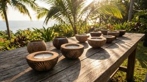découvrez nos porte-bougies en noix de coco, parfaits pour un centre de table exotique et original qui apporte une touche naturelle et chaleureuse à votre décoration.