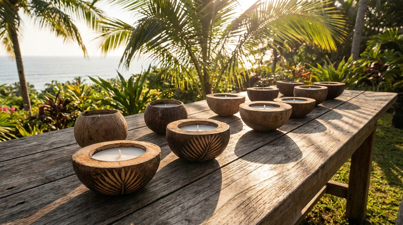 découvrez nos porte-bougies en noix de coco, parfaits pour un centre de table exotique et original qui apporte une touche naturelle et chaleureuse à votre décoration.