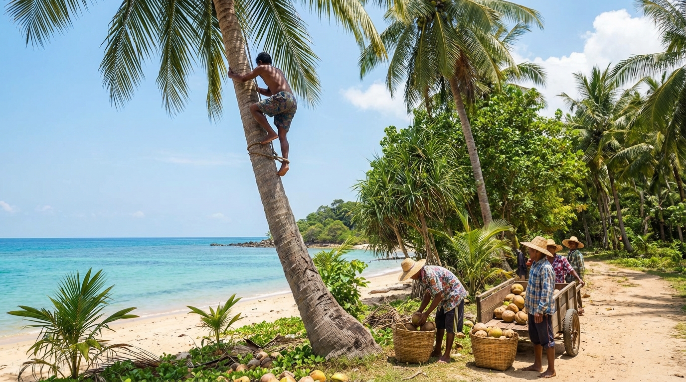 découvrez l'expérience authentique de la récolte de noix de coco en participant à la cueillette traditionnelle lors de votre voyage. vivez un moment unique entre nature et culture locale.