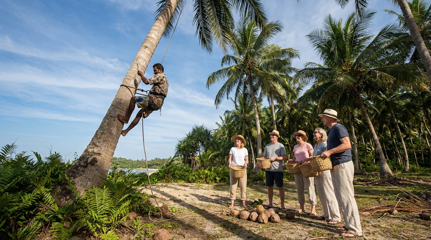 découvrez comment participer à la récolte traditionnelle des noix de coco lors de votre voyage et vivez une expérience authentique au cœur des cultures locales.