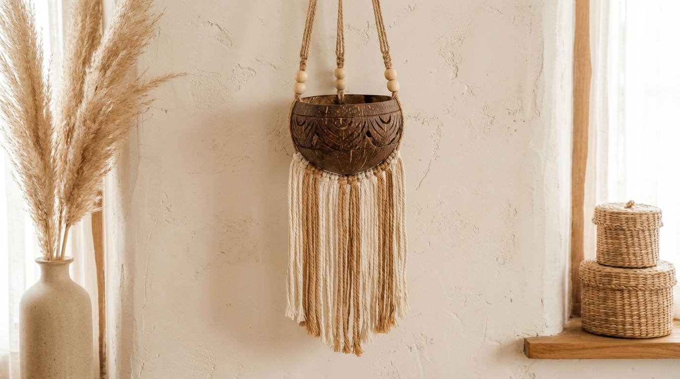 apprenez à réaliser une suspension murale en coque de coco pour une déco bohème chic et naturelle. un diy simple et élégant pour sublimer votre intérieur.