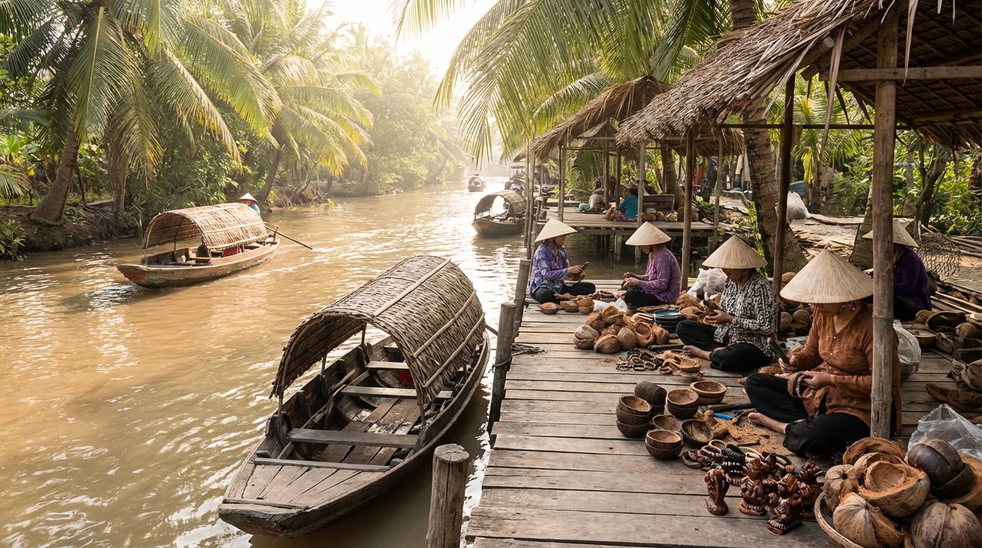 découvrez le vietnam à travers le delta du mékong et son artisanat unique en noix de coco, une immersion authentique entre paysages flottants et savoir-faire traditionnel.
